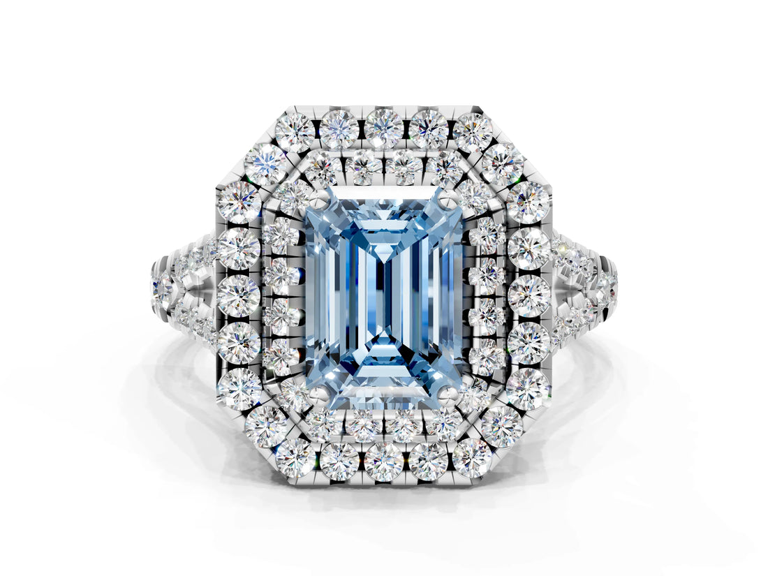 White gold Double Halo Fancy Blue Emerald  Cut Pave Split Shank Prong Set Ring_15