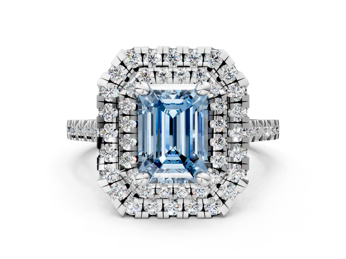White gold Double Halo Fancy Blue Emerald  Diamond Pave Band with Four-Prong Setting_44
