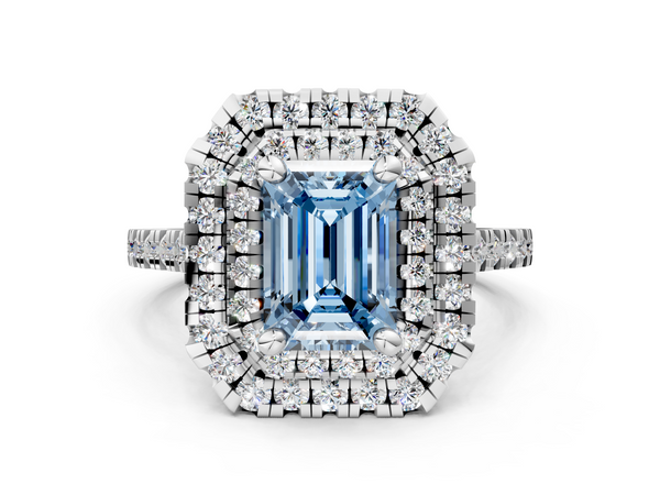 White gold Double Halo Fancy Blue Emerald Cut Diamond Pavé Band with Four-Prong Setting