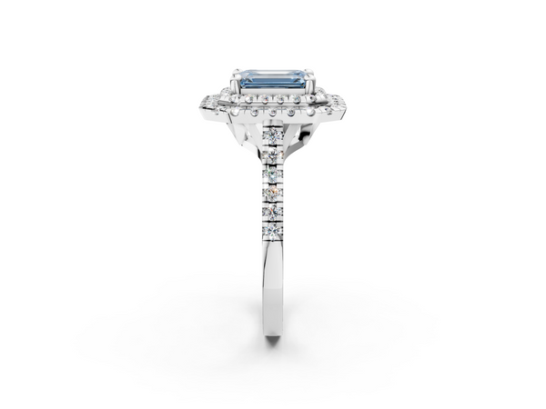 White gold Double Halo Fancy Blue Emerald Cut Diamond Pavé Band with Four-Prong Setting