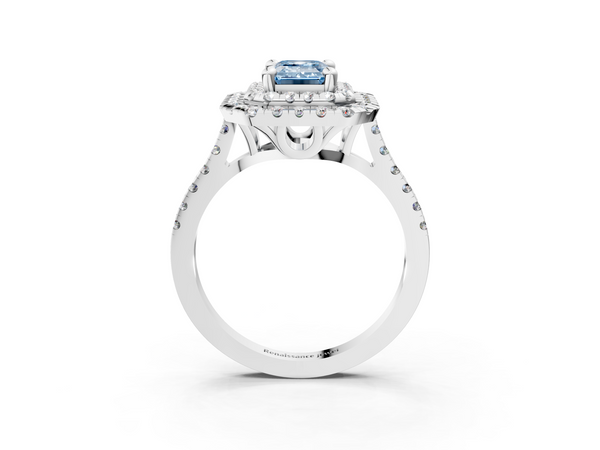 White gold Double Halo Fancy Blue Emerald Cut Diamond Pavé Band with Four-Prong Setting