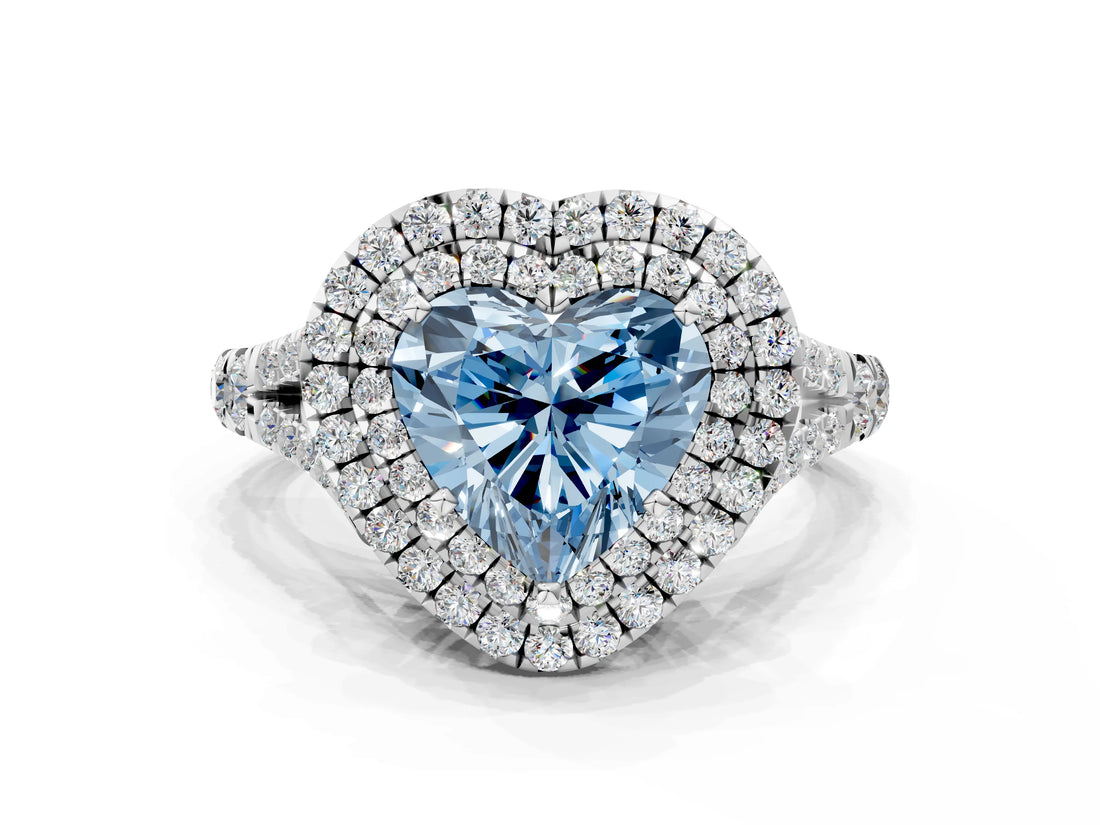 White gold Double Halo Fancy Blue Heart Cut Diamond Split Shank Engagement Ring with Four-Prong Setting_27