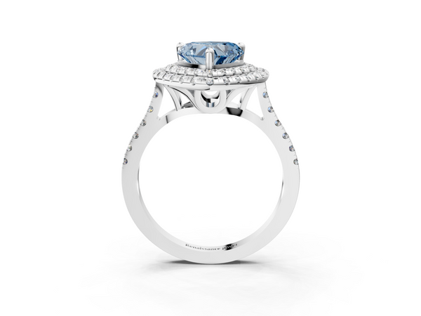 White gold Double Halo Fancy Blue Heart Cut Diamond Pavé Band with Four-Prong Setting