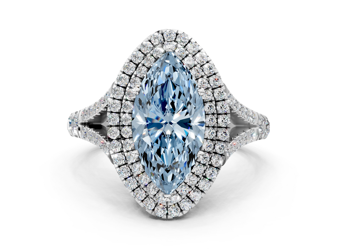 White gold Double Halo Fancy Blue Marquise  Cut Diamond Split Shank Ring with Four Prong Setting_21