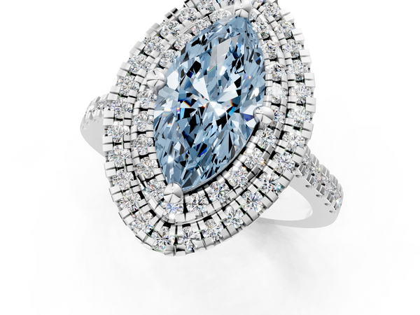 White gold Double Halo Fancy Blue Marquise Cut Diamond Pavé Band with Four-Prong Setting