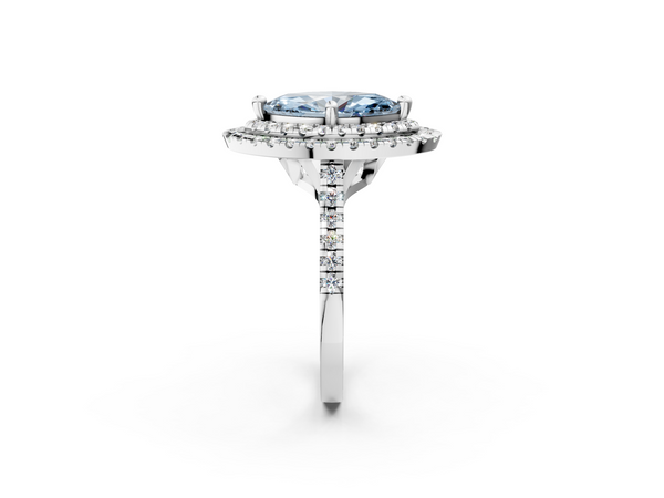 White gold Double Halo Fancy Blue Marquise Cut Diamond Pavé Band with Four-Prong Setting