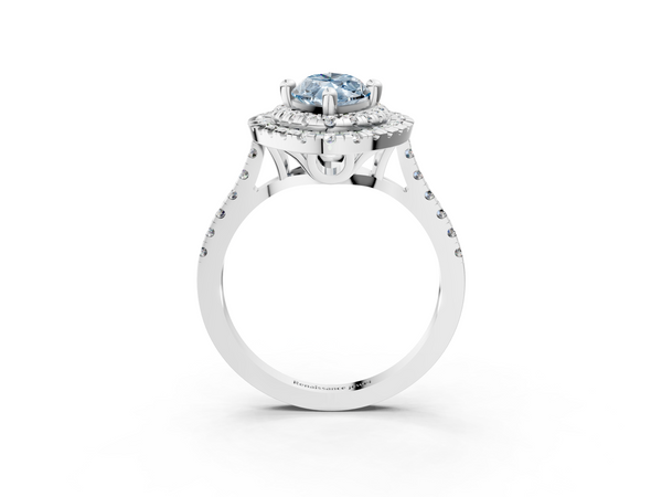White gold Double Halo Fancy Blue Marquise Cut Diamond Pavé Band with Four-Prong Setting