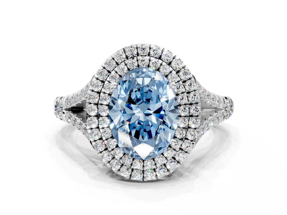 White gold Double Halo Fancy Blue Oval Cut Diamond Split Shank Engagement Ring with Four-Prong Setting_27