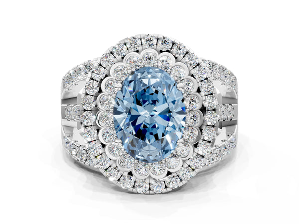Platinum Double Halo Fancy Blue Oval Cut Diamond Split Shank Pave Set Ring