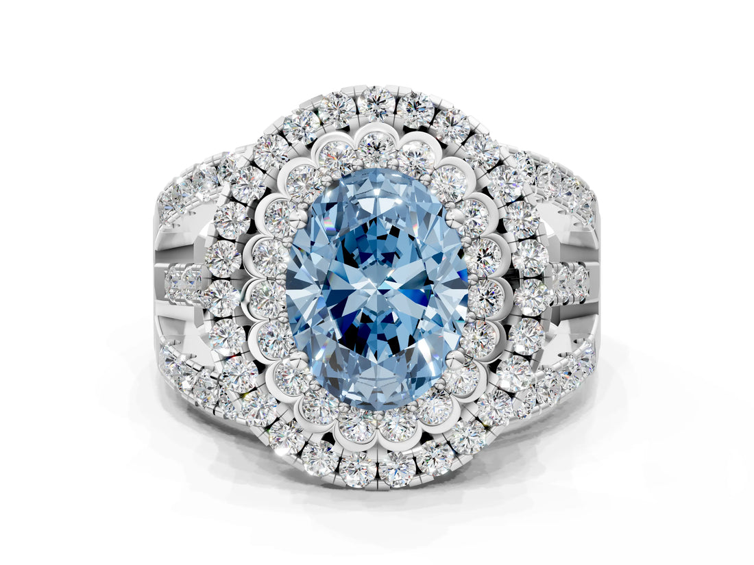 White gold Double Halo Fancy Blue Oval Cut Diamond Split Shank Pave Set Ring_3