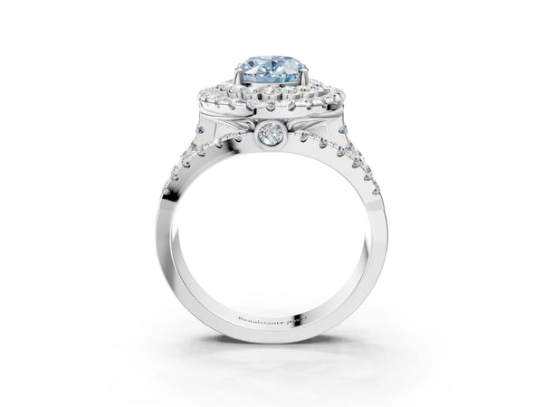 Platinum Double Halo Fancy Blue Oval Cut Diamond Split Shank Pave Set Ring