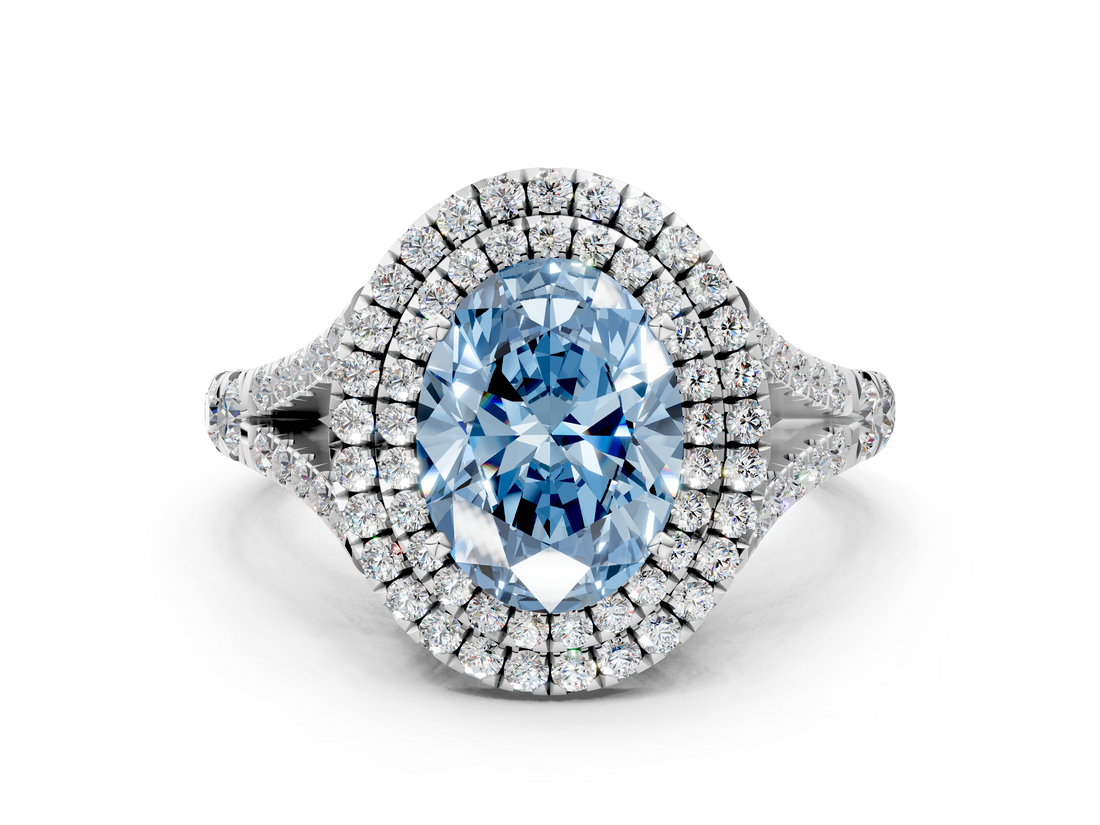 White gold Double Halo Fancy Blue Oval  Cut Diamond Split Shank Ring with Four Prong Setting_20