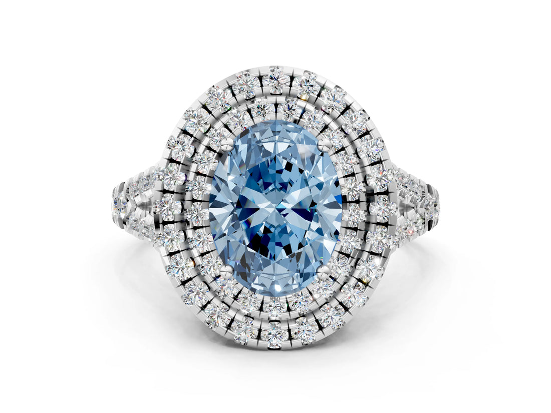 White gold Double Halo Fancy Blue Oval  Cut Pave Split Shank Prong Set Ring_15