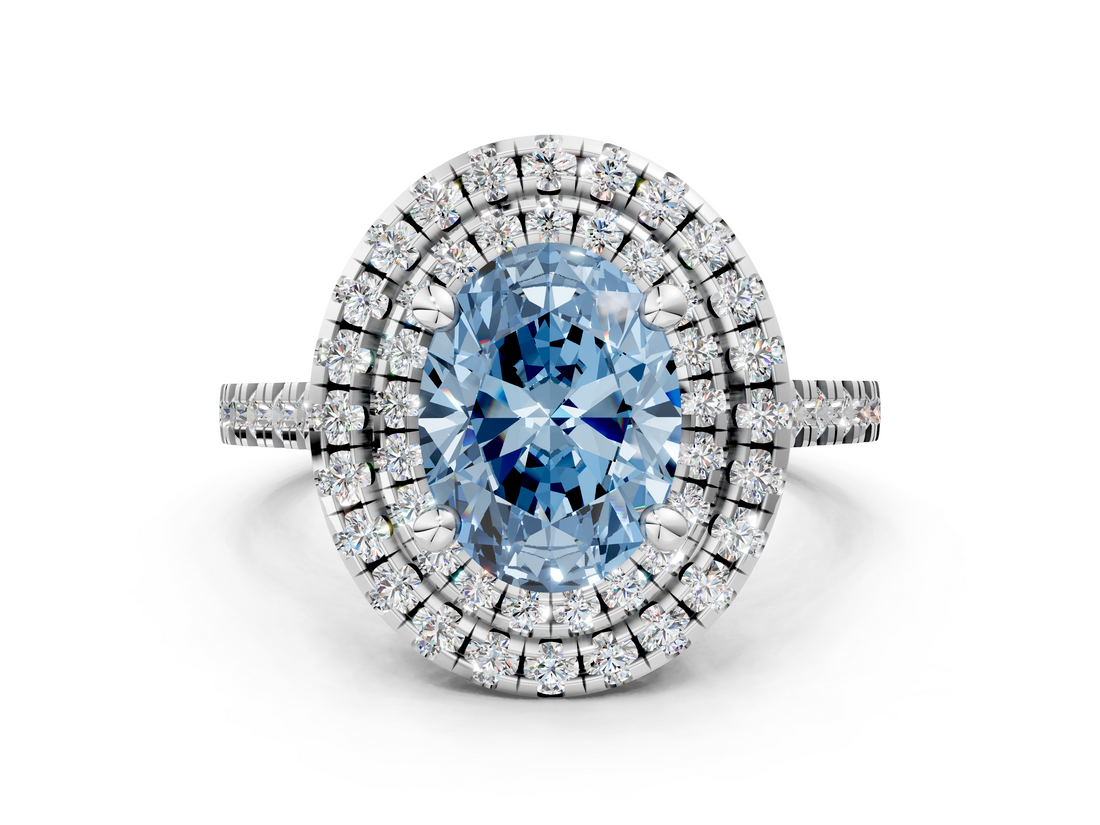 White gold Double Halo Fancy Blue Oval  Diamond Pave Band with Four-Prong Setting_75