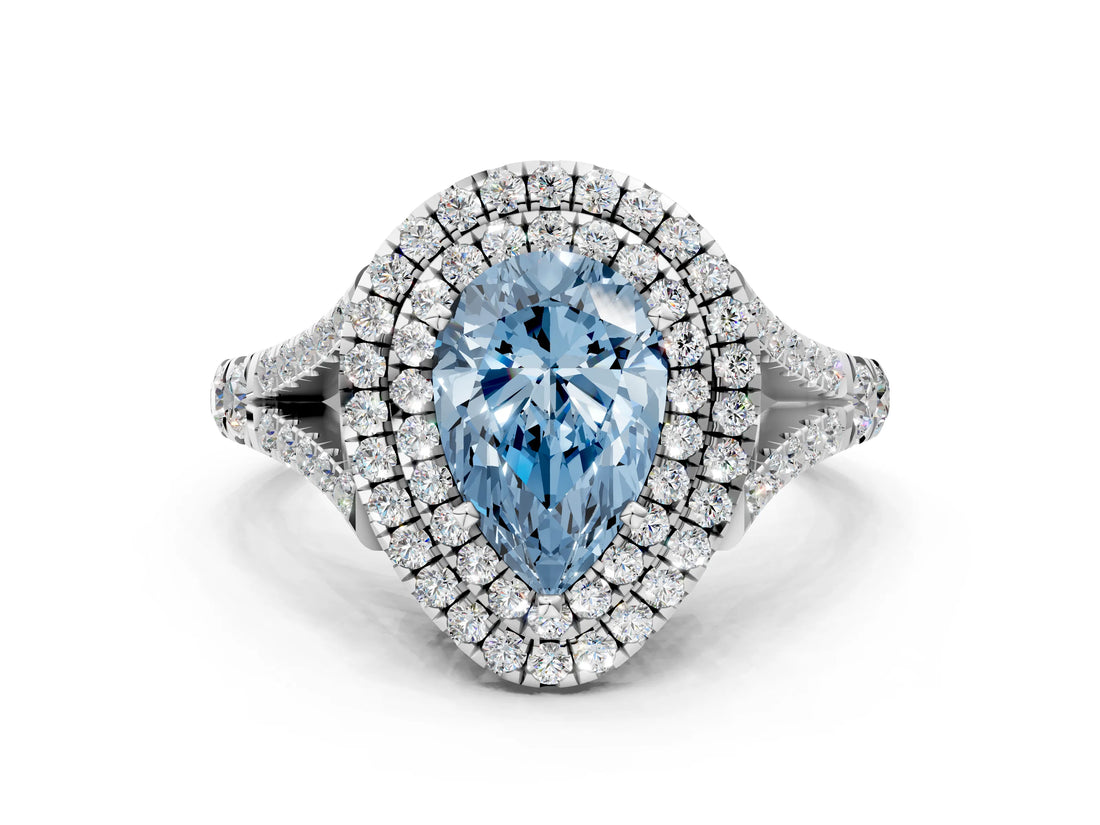 White gold Double Halo Fancy Blue Pear Cut Diamond Split Shank Engagement Ring with Four-Prong Setting_27