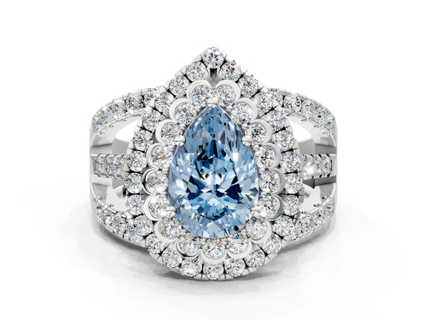 Platinum Double Halo Fancy Blue Pear Cut Diamond Split Shank Pave Set Ring