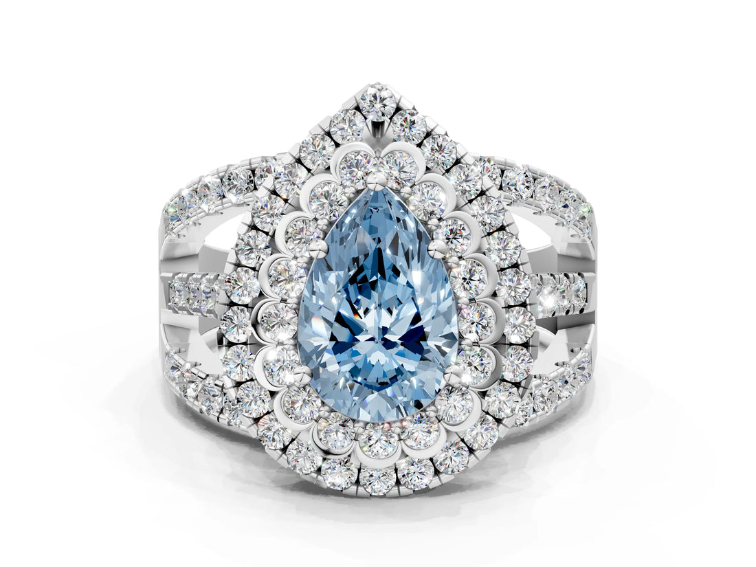 White gold Double Halo Fancy Blue Pear Cut Diamond Split Shank Pave Set Ring_3