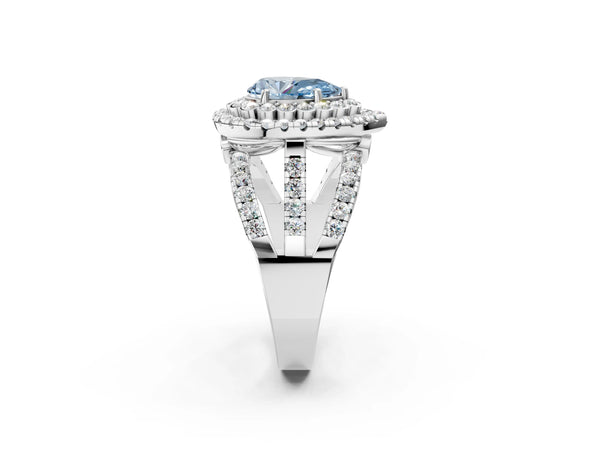 Platinum Double Halo Fancy Blue Pear Cut Diamond Split Shank Pave Set Ring
