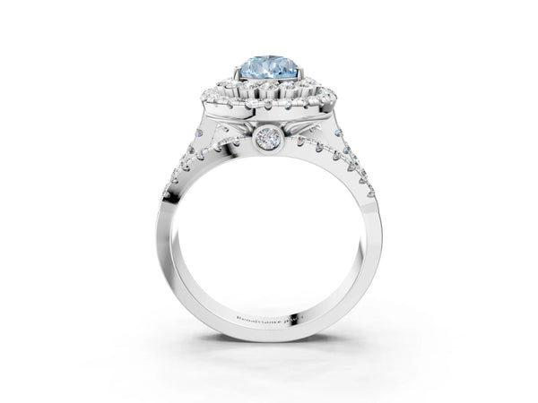 Platinum Double Halo Fancy Blue Pear Cut Diamond Split Shank Pave Set Ring