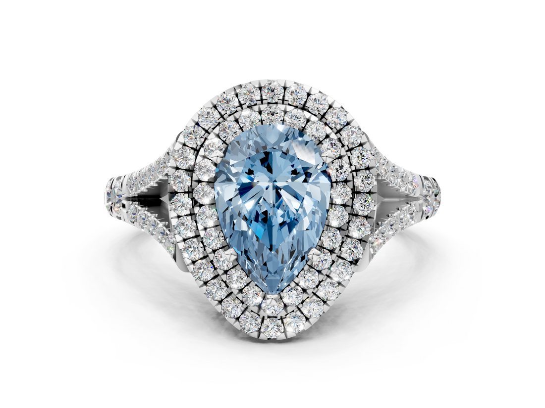 White gold Double Halo Fancy Blue Pear  Cut Diamond Split Shank Ring with Four Prong Setting_20