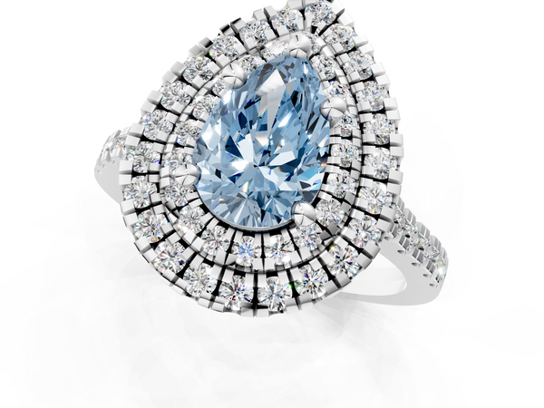 White gold Double Halo Fancy Blue Pear Cut Diamond Pavé Band with Four-Prong Setting