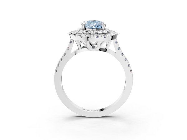White gold Double Halo Fancy Blue Pear Cut Diamond Pavé Band with Four-Prong Setting