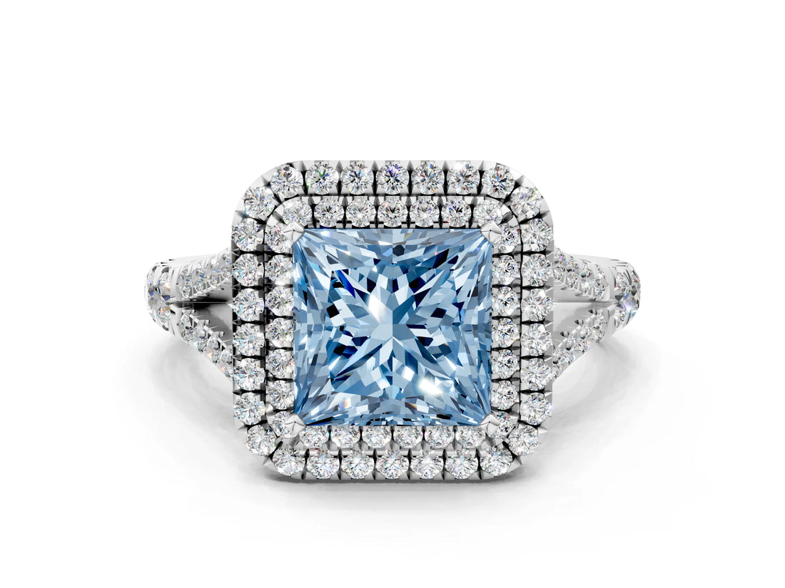 White gold Double Halo Fancy Blue Princess Cut Diamond Split Shank Engagement Ring with Four-Prong Setting_27