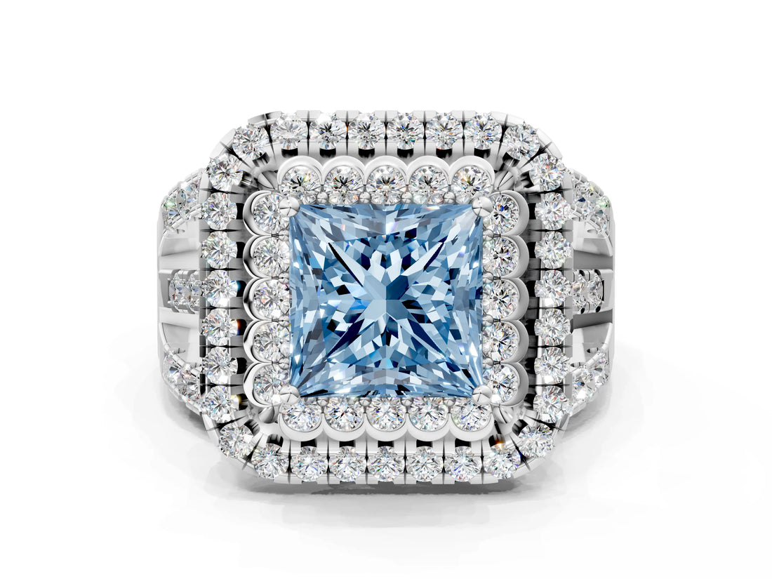 White gold Double Halo Fancy Blue Princess Cut Diamond Split Shank Pave Set Ring_3
