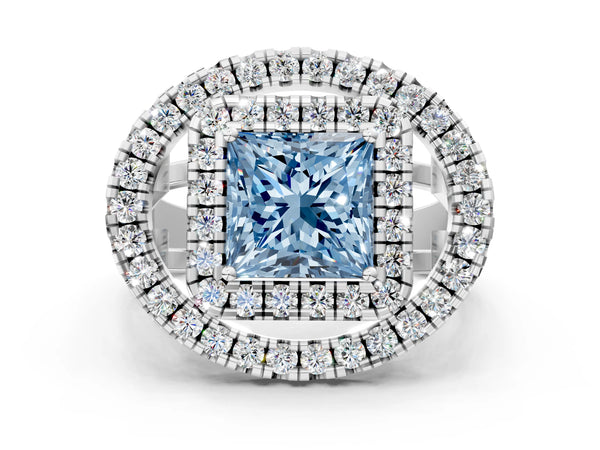 White Gold Princess Cut Halo Engagement Ring Setting for Fancy Blue Center - Design RJ-762