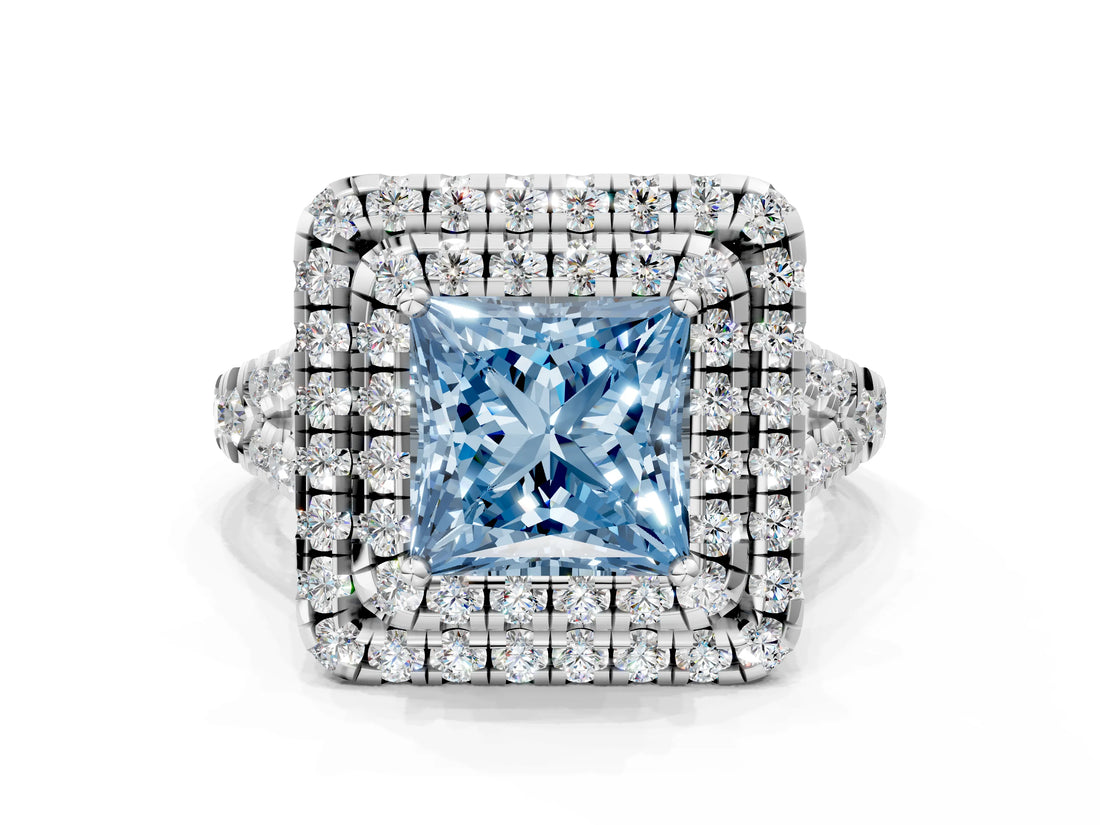 White gold Double Halo Fancy Blue Princess  Cut Pave Split Shank Prong Set Ring_15