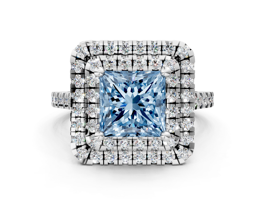 White gold Double Halo Fancy Blue Princess  Diamond Pave Band with Four-Prong Setting_42