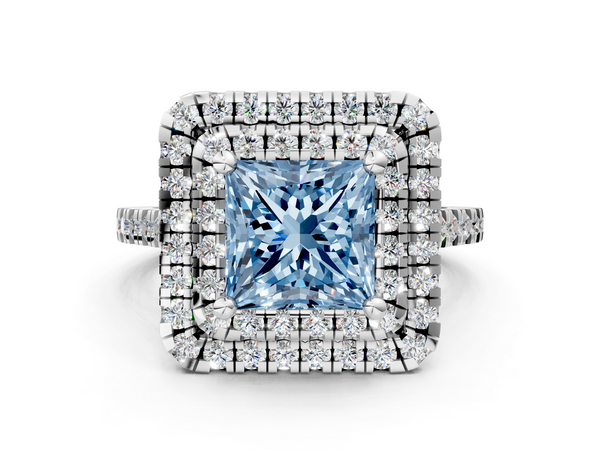 Platinum Double Halo Fancy Blue Princess Cut Diamond Pavé Band with Four-Prong Setting