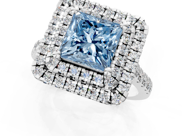 Platinum Double Halo Fancy Blue Princess Cut Diamond Pavé Band with Four-Prong Setting