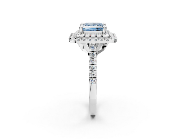 Platinum Double Halo Fancy Blue Princess Cut Diamond Pavé Band with Four-Prong Setting