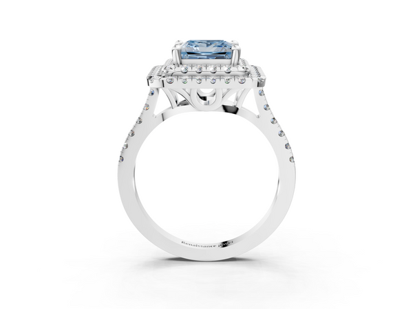 Platinum Double Halo Fancy Blue Princess Cut Diamond Pavé Band with Four-Prong Setting