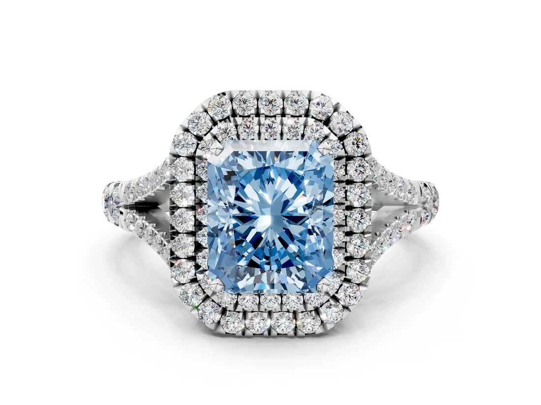 White gold Double Halo Fancy Blue Radiant Cut Diamond Split Shank Engagement Ring with Four-Prong Setting_27