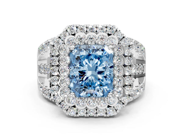 White gold Double Halo Fancy Blue Radiant Cut Diamond Split Shank Pave Set Ring
