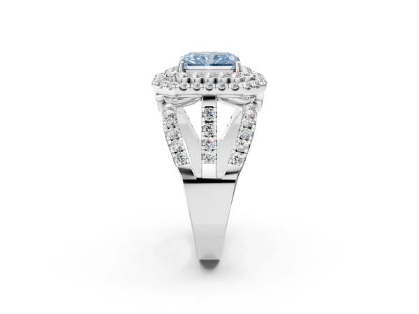 White gold Double Halo Fancy Blue Radiant Cut Diamond Split Shank Pave Set Ring