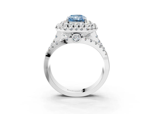 White gold Double Halo Fancy Blue Radiant Cut Diamond Split Shank Pave Set Ring