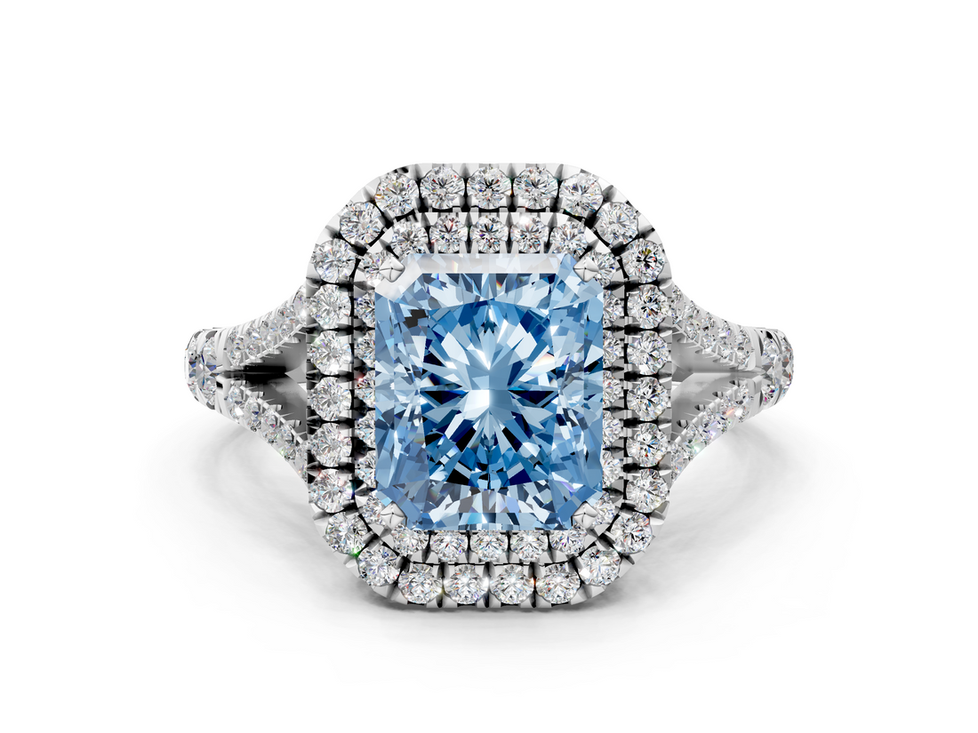 White gold Double Halo Fancy Blue Radiant  Cut Diamond Split Shank Ring with Four Prong Setting_20