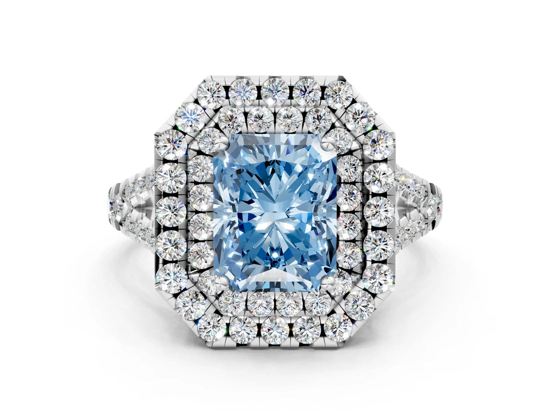 White gold Double Halo Fancy Blue Radiant  Cut Pave Split Shank Prong Set Ring_15