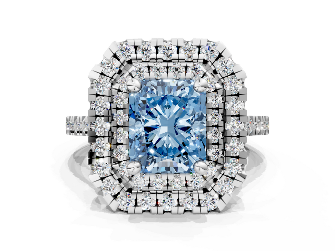 White gold Double Halo Fancy Blue Radiant  Diamond Pave Band with Four-Prong Setting_43