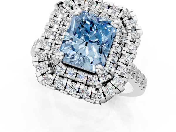 White gold Double Halo Fancy Blue Radiant Cut Diamond Pavé Band with Four-Prong Setting