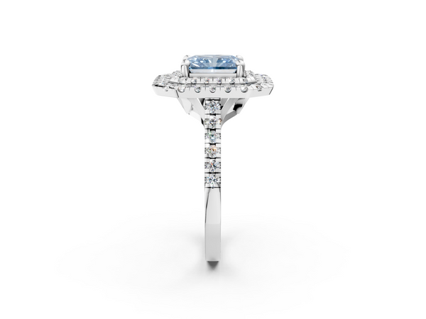 White gold Double Halo Fancy Blue Radiant Cut Diamond Pavé Band with Four-Prong Setting