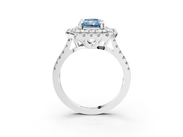 White gold Double Halo Fancy Blue Radiant Cut Diamond Pavé Band with Four-Prong Setting