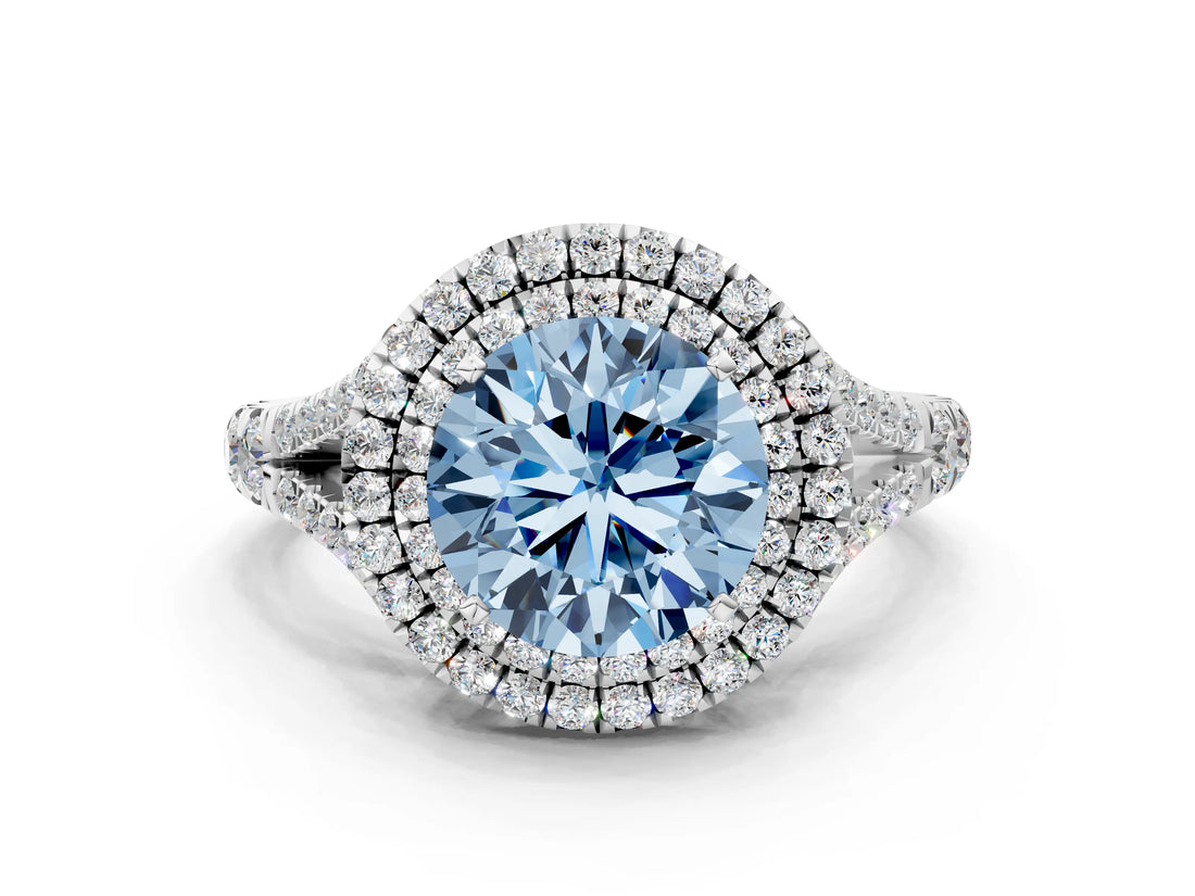 White gold Double Halo Fancy Blue Round Cut Diamond Split Shank Engagement Ring with Four-Prong Setting_27