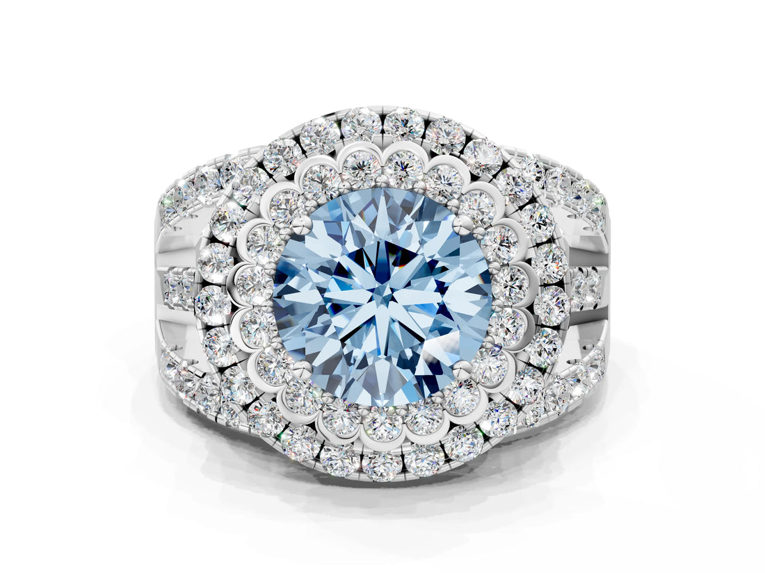 White gold Double Halo Fancy Blue Round Cut Diamond Split Shank Pave Set Ring_3