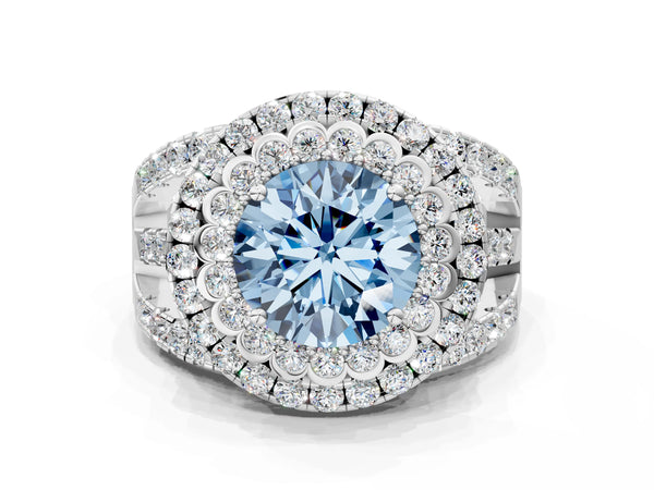 White gold Double Halo Fancy Blue Round Cut Diamond Split Shank Pave Set Ring