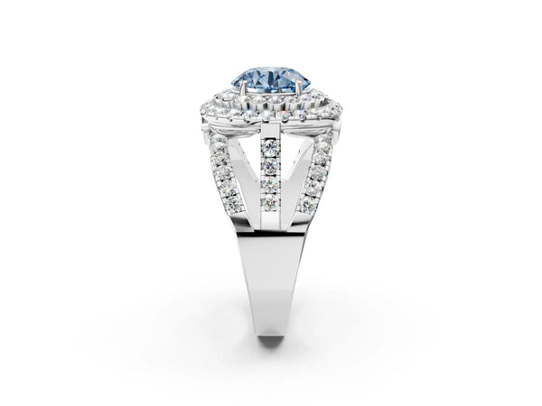 White gold Double Halo Fancy Blue Round Cut Diamond Split Shank Pave Set Ring