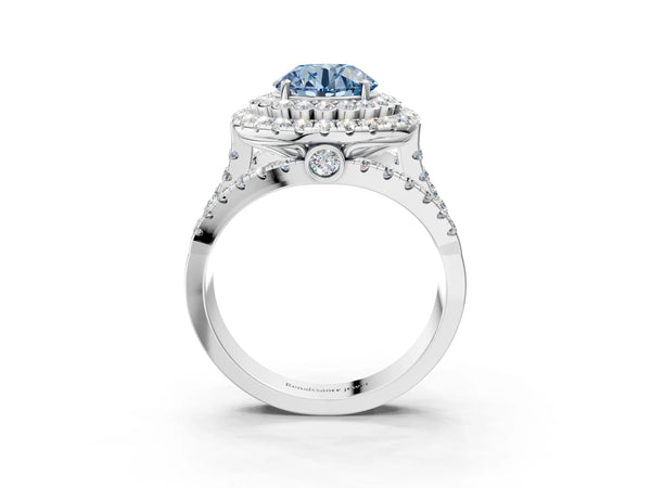 White gold Double Halo Fancy Blue Round Cut Diamond Split Shank Pave Set Ring